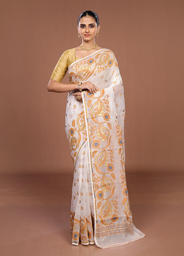 White Jamdani Cotton Saree Without Blouse Piece