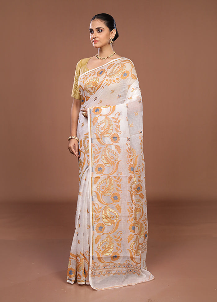 White Jamdani Cotton Saree Without Blouse Piece