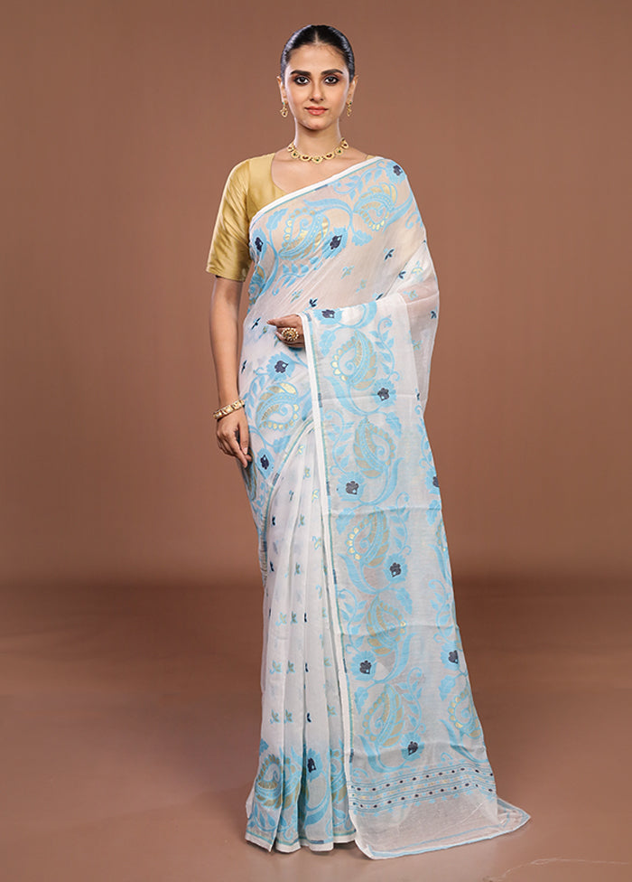White Jamdani Cotton Saree Without Blouse Piece