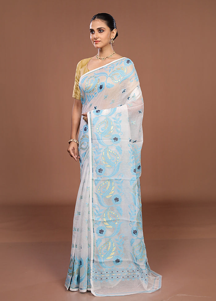 White Jamdani Cotton Saree Without Blouse Piece