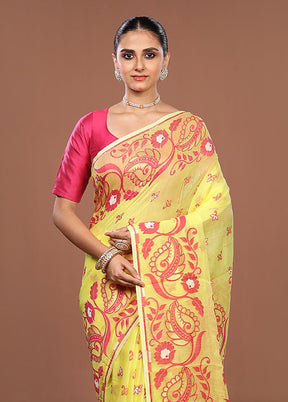 Yellow Jamdani Cotton Saree Without Blouse Piece