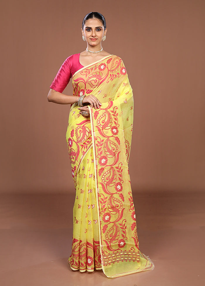 Yellow Jamdani Cotton Saree Without Blouse Piece