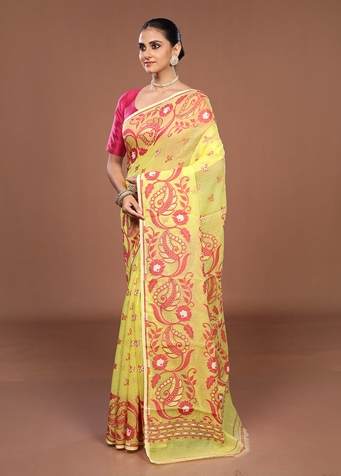 Yellow Jamdani Cotton Saree Without Blouse Piece