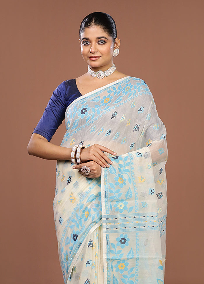 Cream Jamdani Cotton Saree Without Blouse Piece