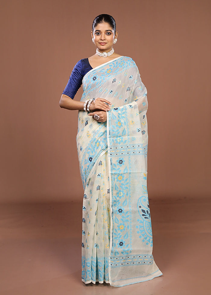 Cream Jamdani Cotton Saree Without Blouse Piece