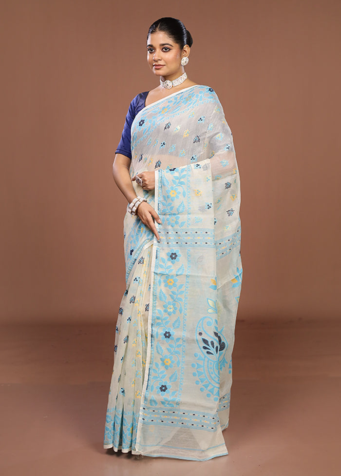 Cream Jamdani Cotton Saree Without Blouse Piece