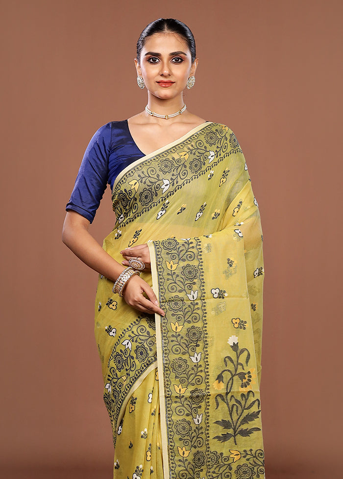 Yellow Jamdani Cotton Saree Without Blouse Piece