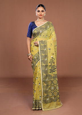 Yellow Jamdani Cotton Saree Without Blouse Piece