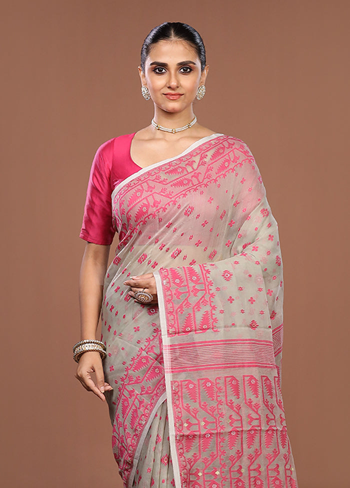Grey Jamdani Cotton Saree Without Blouse Piece