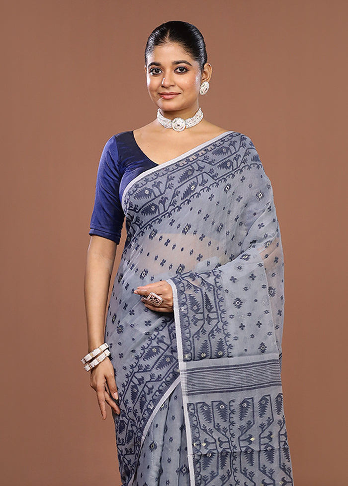 Grey Jamdani Cotton Saree Without Blouse Piece