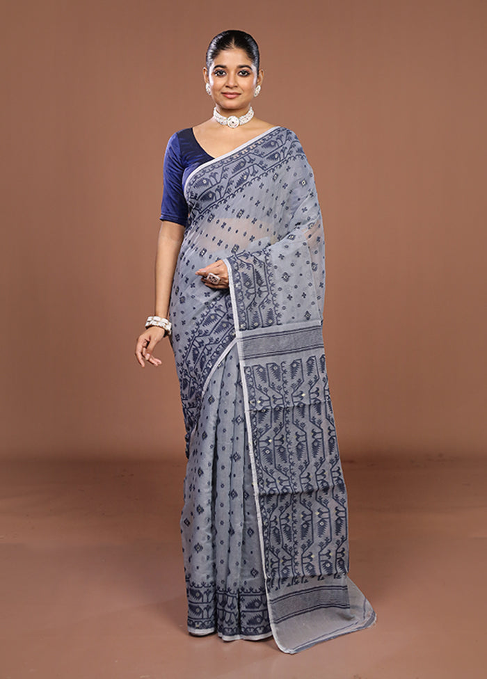 Grey Jamdani Cotton Saree Without Blouse Piece