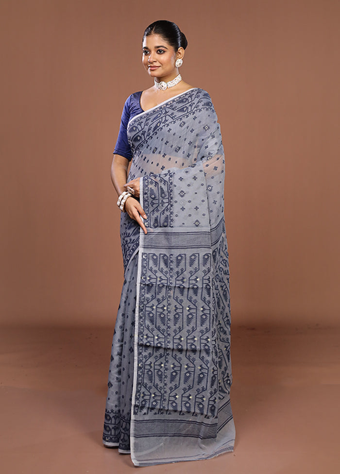 Grey Jamdani Cotton Saree Without Blouse Piece