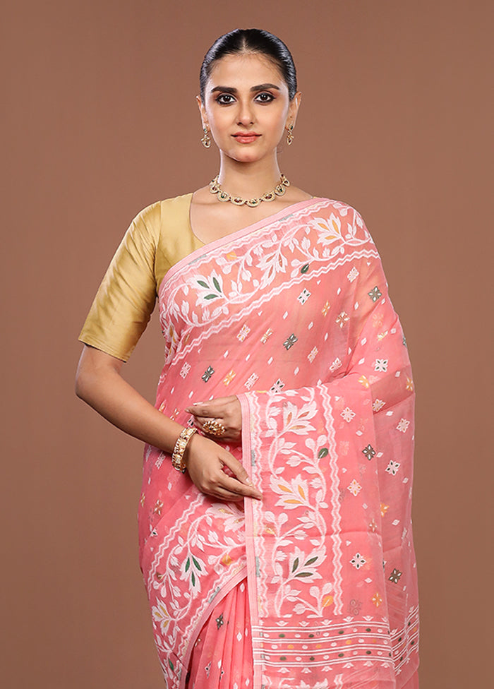 Pink Jamdani Cotton Saree Without Blouse Piece