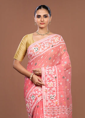 Pink Jamdani Cotton Saree Without Blouse Piece