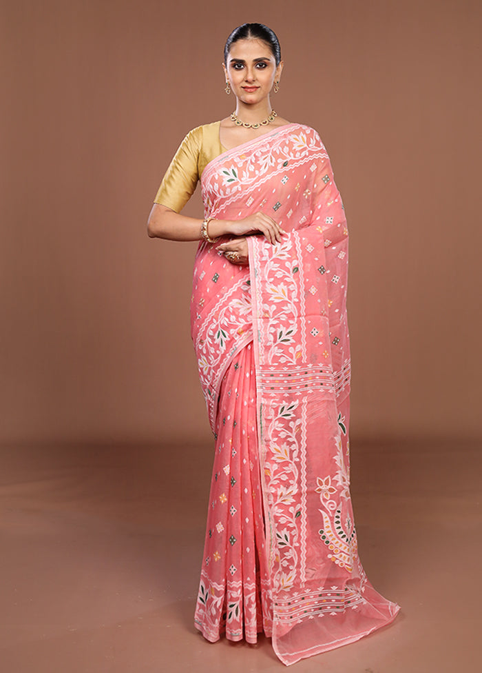Pink Jamdani Cotton Saree Without Blouse Piece