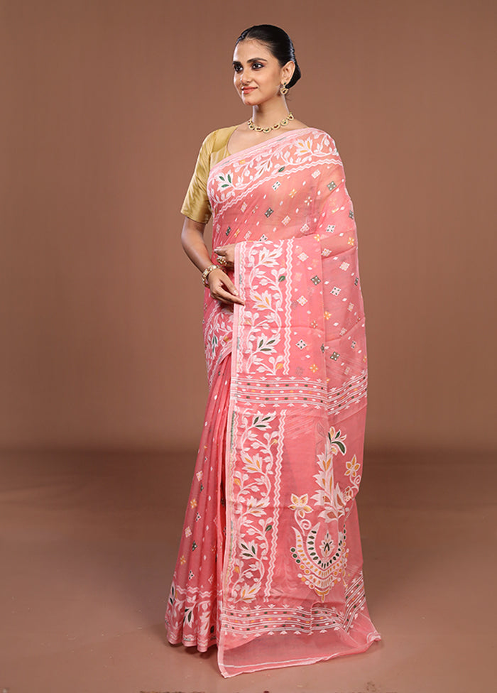 Pink Jamdani Cotton Saree Without Blouse Piece