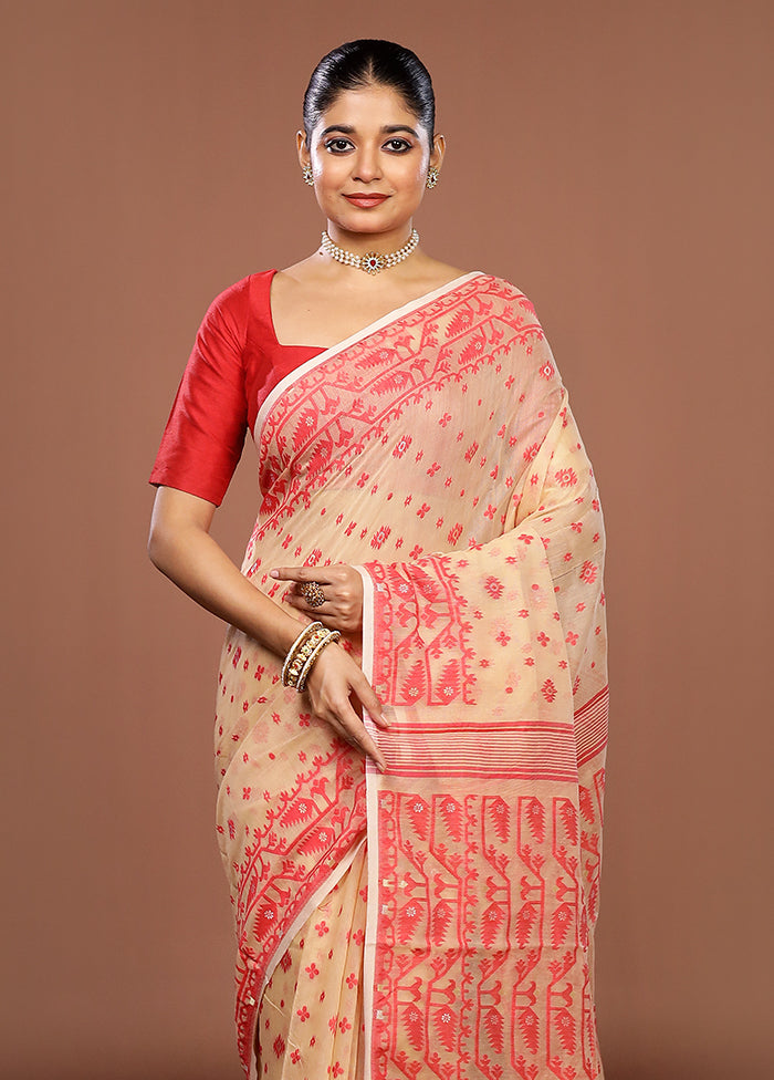 Cream Jamdani Cotton Saree Without Blouse Piece