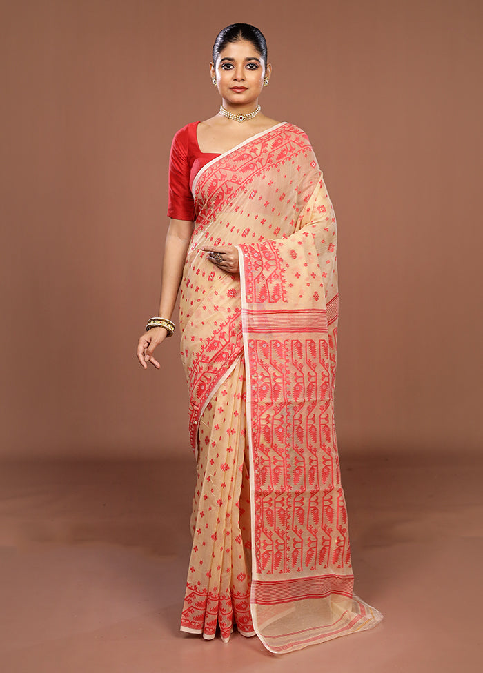 Cream Jamdani Cotton Saree Without Blouse Piece