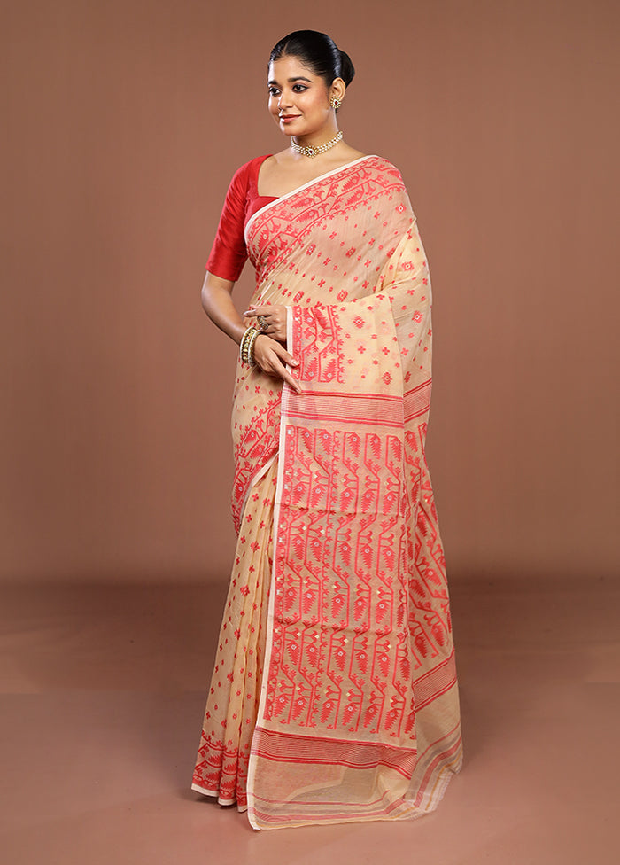 Cream Jamdani Cotton Saree Without Blouse Piece