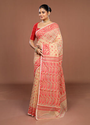 Cream Jamdani Cotton Saree Without Blouse Piece