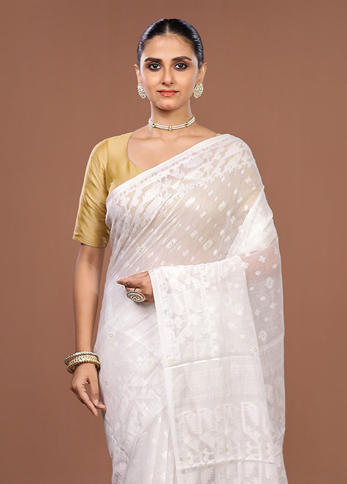 White Jamdani Cotton Saree Without Blouse Piece