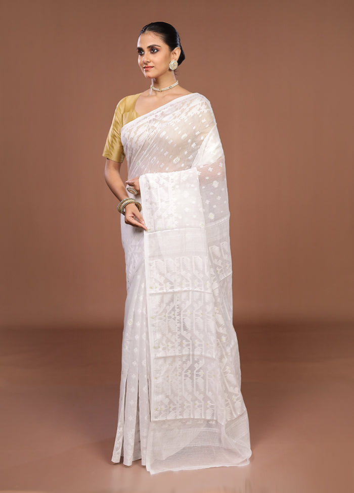 White Jamdani Cotton Saree Without Blouse Piece