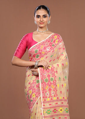 Cream Jamdani Cotton Saree Without Blouse Piece