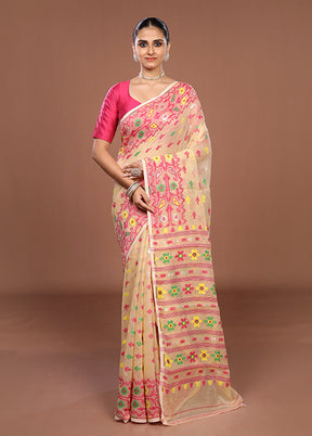 Cream Jamdani Cotton Saree Without Blouse Piece
