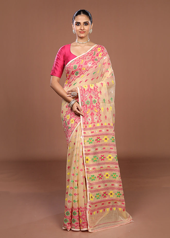 Cream Jamdani Cotton Saree Without Blouse Piece