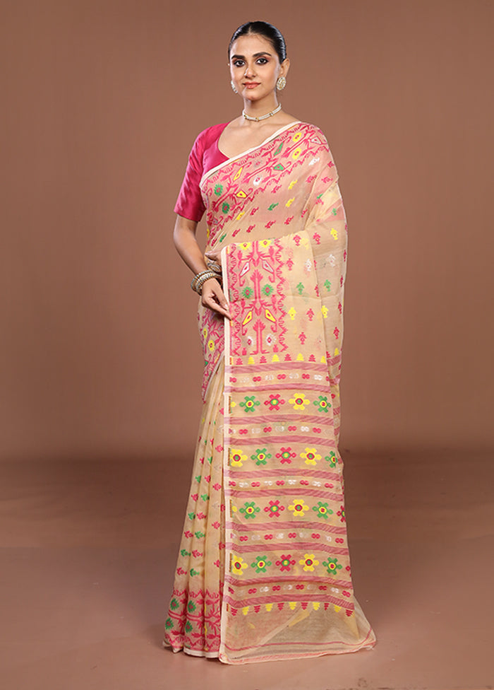Cream Jamdani Cotton Saree Without Blouse Piece