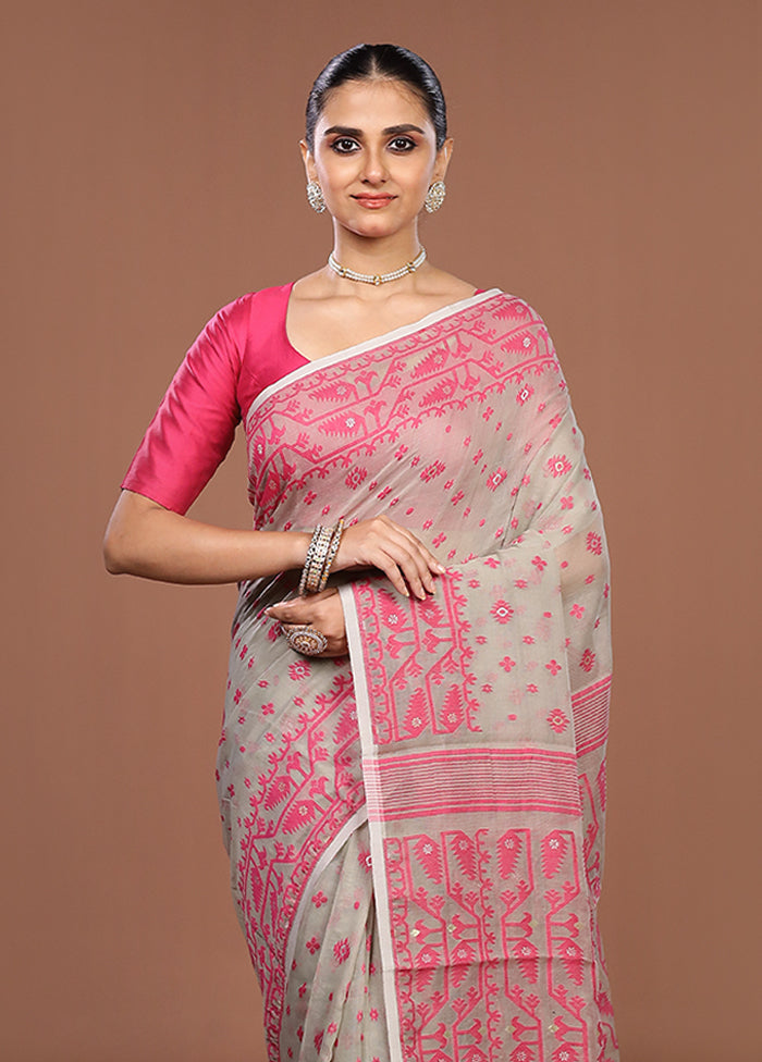 Cream Jamdani Cotton Saree Without Blouse Piece