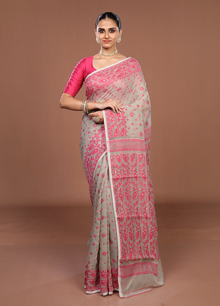 Cream Jamdani Cotton Saree Without Blouse Piece