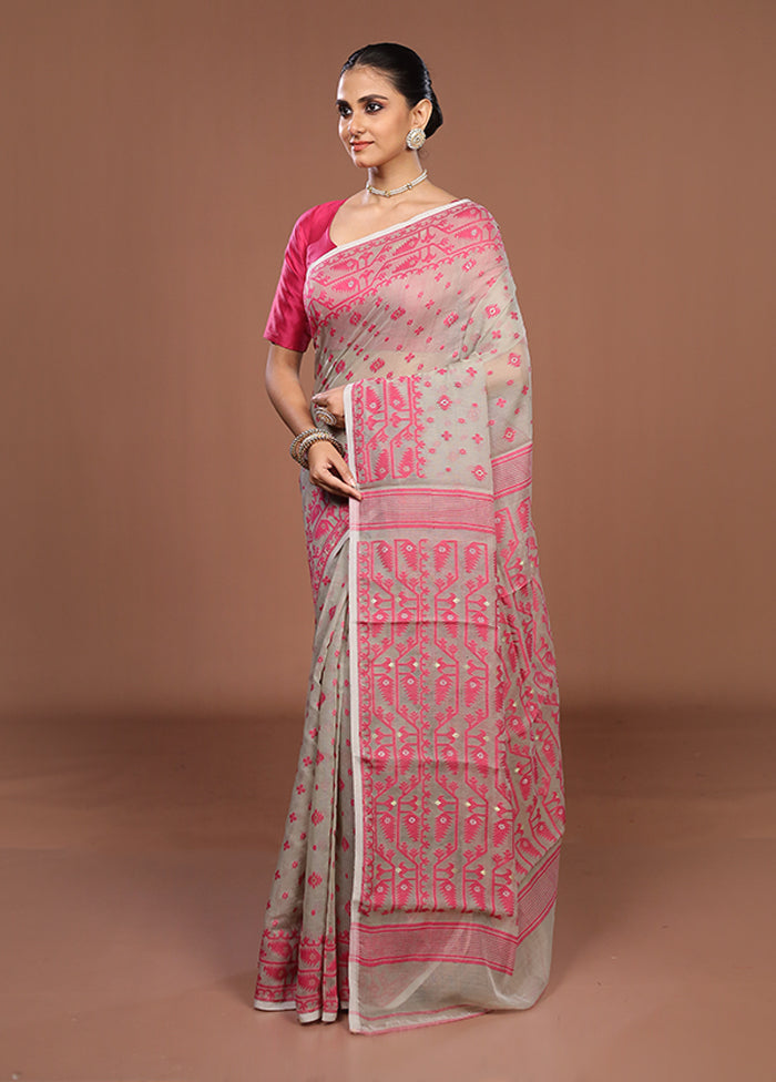 Cream Jamdani Cotton Saree Without Blouse Piece
