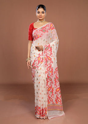 White Jamdani Cotton Saree Without Blouse Piece