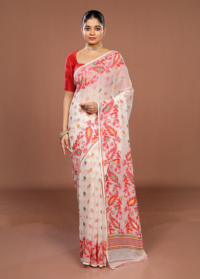 White Jamdani Cotton Saree Without Blouse Piece