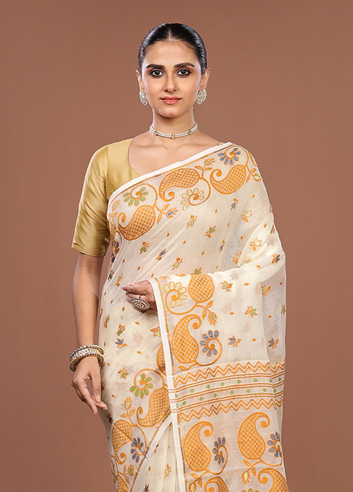 Cream Jamdani Cotton Saree Without Blouse Piece