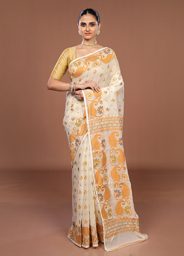 Cream Jamdani Cotton Saree Without Blouse Piece