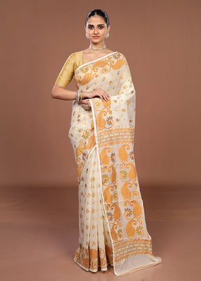 Cream Jamdani Cotton Saree Without Blouse Piece