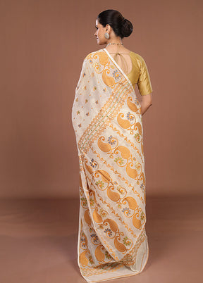 Cream Jamdani Cotton Saree Without Blouse Piece