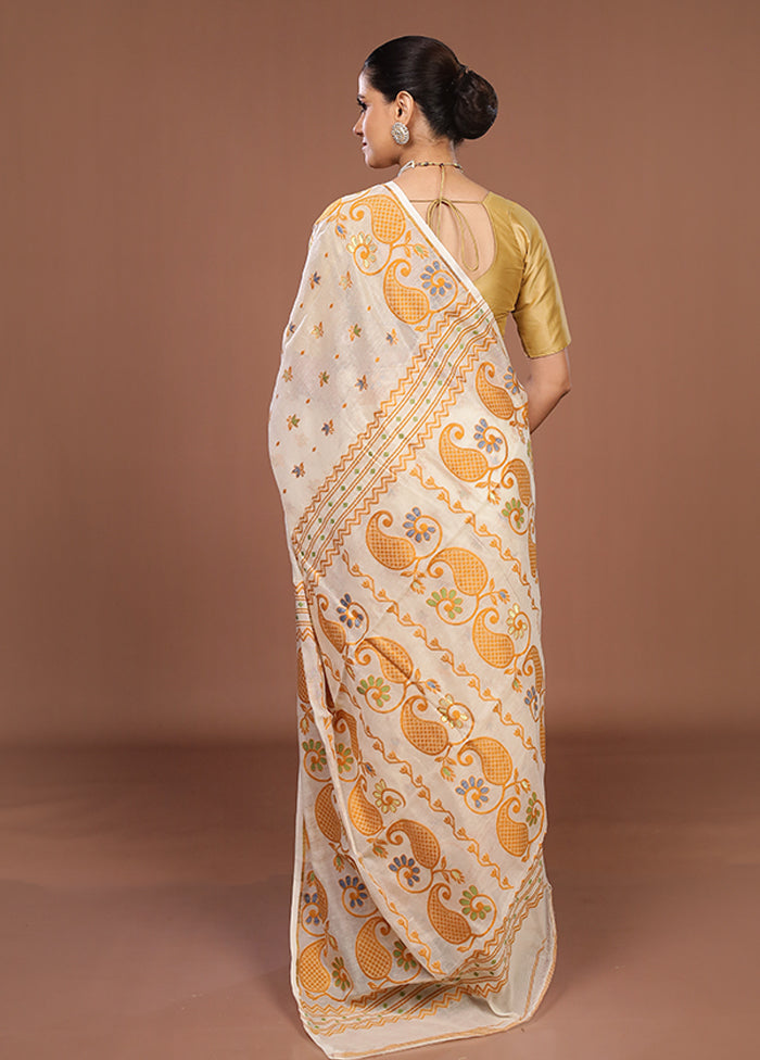 Cream Jamdani Cotton Saree Without Blouse Piece