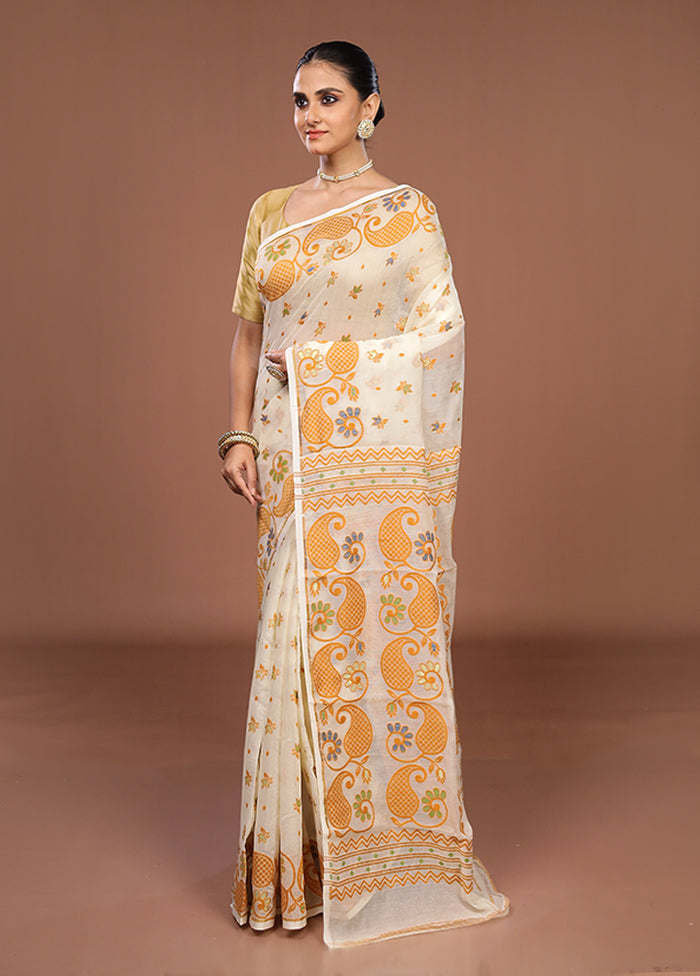 Cream Jamdani Cotton Saree Without Blouse Piece