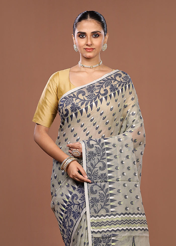 Grey Jamdani Cotton Saree Without Blouse Piece