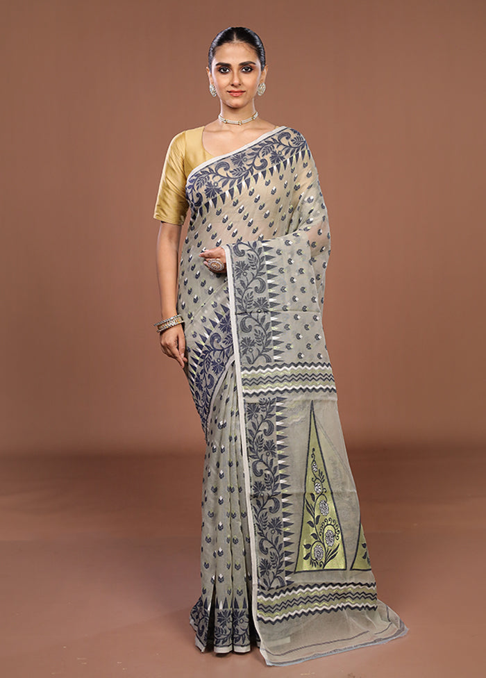 Grey Jamdani Cotton Saree Without Blouse Piece