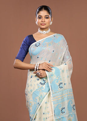 Cream Jamdani Cotton Saree Without Blouse Piece