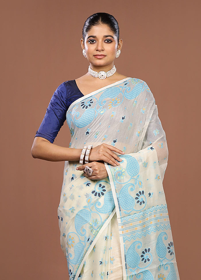 Cream Jamdani Cotton Saree Without Blouse Piece