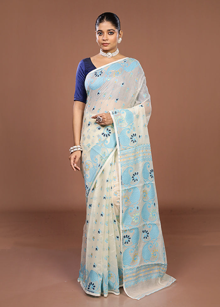 Cream Jamdani Cotton Saree Without Blouse Piece