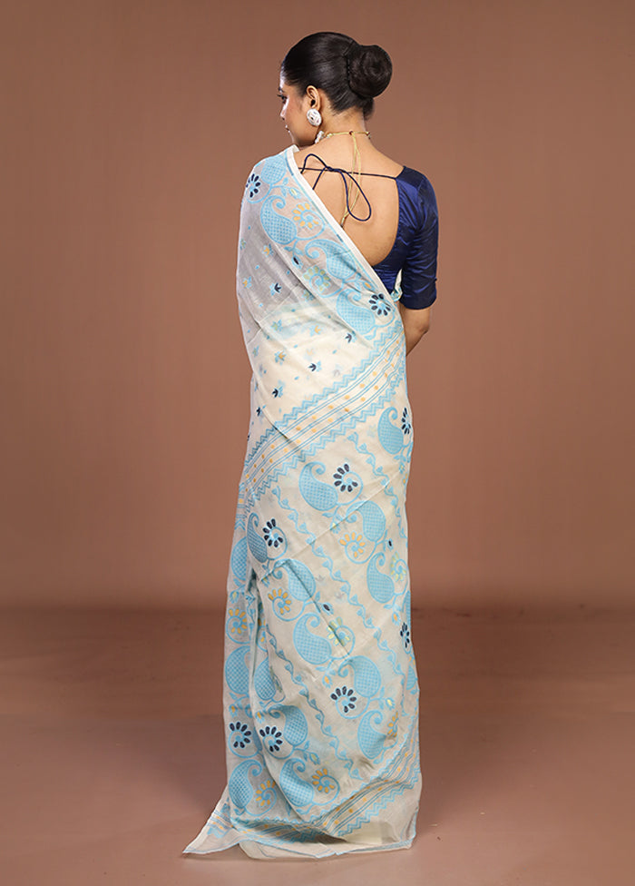 Cream Jamdani Cotton Saree Without Blouse Piece