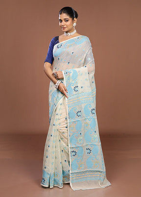 Cream Jamdani Cotton Saree Without Blouse Piece