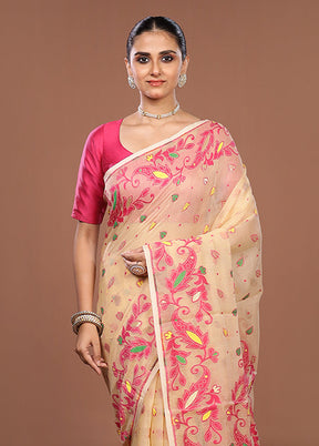 Cream Jamdani Cotton Saree Without Blouse Piece
