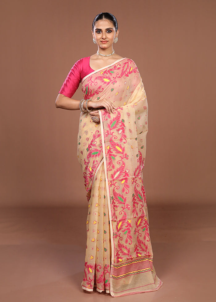 Cream Jamdani Cotton Saree Without Blouse Piece